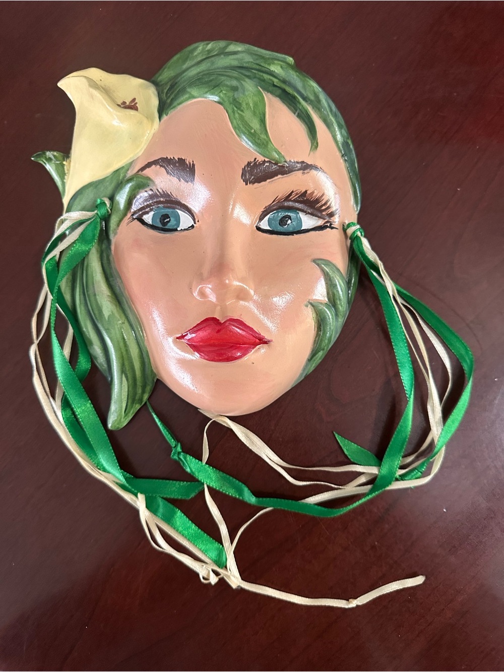 Vintage ceramic glamor girl with hat mask wall hanging 1980s art deco revival